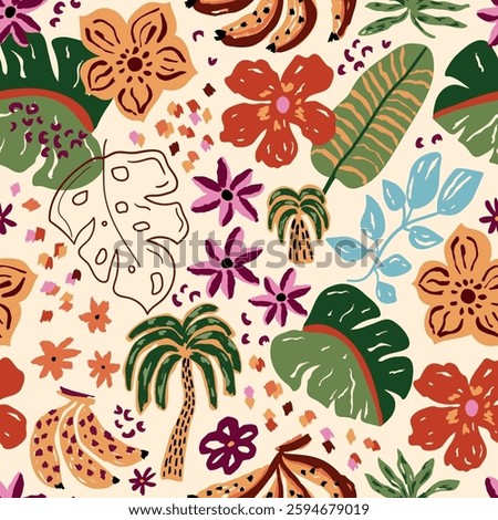 Tropical exotic flowers seamless pattern. Naive hand drawn flowers and leaves. Jungle bananas, hand painted palms, leopard spots. Vector summer vacation textile design, wallpaper, background, print.