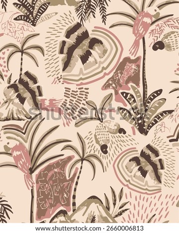 Tropical exotic flowers seamless pattern. Naive hand drawn flowers and leaves. Jungle bananas, hand painted palms, leopard spots. Vector summer vacation textile design, wallpaper,print.