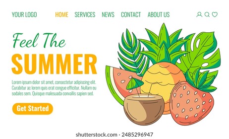 Tropical, exotic food, fruits, cocktail. Feel the summer. Watermelon, pineapple, strawberry, coconut drink with umbrella. Landing page vector template for website, web, online, banner, travel agency