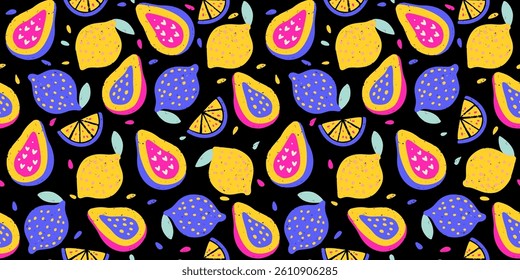 Tropical Exotic Fruit Papaya Lemon Pattern Crayon Bg Texture Summer Vector Chalk Cartoon Seamless Abstract Background Chalk Organic