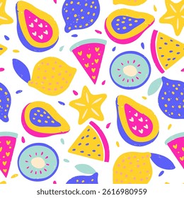 Tropical Exotic Fruit Pattern Crayon Bg Lemon Watermelon Kiwi Carambola Papaya Texture Summer Vector Chalk Seamless Abstract Background Organic Mix Print