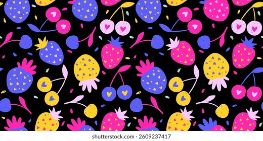 Tropical Exotic Fruit Pattern Strawberry Cherry Crayon Bg Texture Summer Vector Chalk Cartoon Seamless Abstract Background Chalk Organic Print