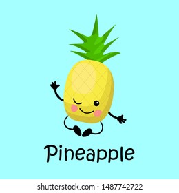 tropical exotic fruit pineapple Character with face and smile. Card for teaching children. Healthy and wholesome food