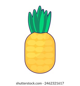 Tropical exotic fruit pineapple. Juicy ripe ananas with green top of leaves. Summer holiday icon. Simple stroke vector element isolated on white background