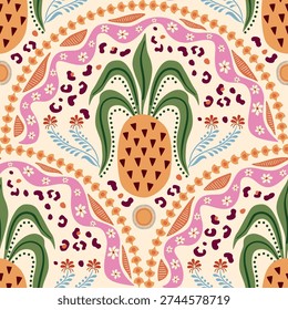 Tropical exotic fruit pineapple seamless pattern. Summer pink damask ornament, leopard skin, flower, cute hand drawn arched print, botanical Indian textile design, wallpaper. Vector beach illustration