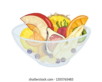 Tropical exotic fruit salad in bowl isolated on white background. Tasty meal made of chopped oranges, pineapples, pears, bananas and berries. Delicious healthy dessert. Realistic vector illustration.