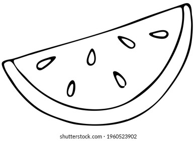 tropical exotic fruit - watermelon semicircle with seeds, vector doodle element, coloring, black and white