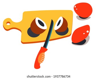 Tropical and exotic fruits, cutting coconut with knife. Ripe product on wooden board in pieces. Vitamins and organic eating, ingredient for dishes and meals, freshness and taste. Vector in flat style