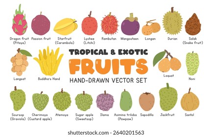 Tropical and Exotic fruits flat vector illustration set in cartoon clipart style. Pitaya, passion fruit, starfruit, lychee, rambutan, mangosteen, durian, salak, langsat, loquat, soursop, jackfruit