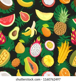 Tropical exotic fruits, green leaves seamless pattern isolated on black. Banana and citron, guava and pineapple, avocado and watermelon, papaya coconut