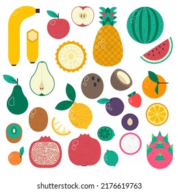 Tropical and exotic fruits, isolated composition with ripe organic meal for vegans and vegetarians. Watermelon and apple, banana and pear, passion and kiwi, citrus and coconut. Vector in flat style