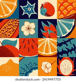 Tropical exotic fruits. Retro design. Vintage summer seamless pattern. Fresh lemon and lime wedges, watermelon, pitahaya dragon, star fruit and papaya, mango and kiwi. Healthly food. For menu, cafe