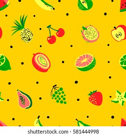 Tropical exotic fruits seamless pattern. Cute fresh organic fruits background. Vector illustration of watermelon, cherry, pineapple, pear, passionfruit, starfruit, banana, grape, papaya, line, lemon