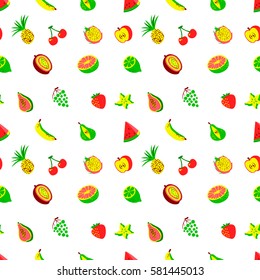 Tropical exotic fruits seamless pattern. Cute fresh organic fruits background. Vector illustration of watermelon, cherry, pineapple, pear, passionfruit, starfruit, banana, grape, papaya, line, lemon