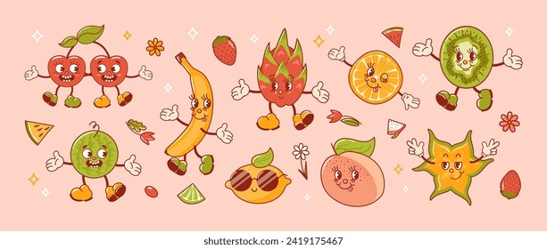 Tropical exotic fruits set. Old retro cartoon characters. Groovy vintage summer design elements. Cool lemons, sunglasses, Banana, watermelon, Cherry, Orange, pitahaya, star fruit and kiwi. Peach Fuzz.