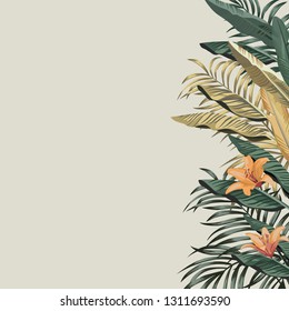 Tropical exotic green, golden banana leaves and orange beauty flowers composition. Vector left border pattern