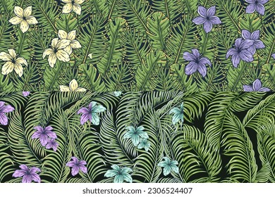 Tropical exotic green leaves and flowers set or plant seamless pattern collection for summer background and beach wallpaper.