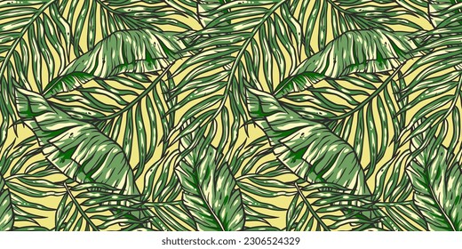 Tropical exotic green leaves or plant seamless pattern for summer background and beach wallpaper.