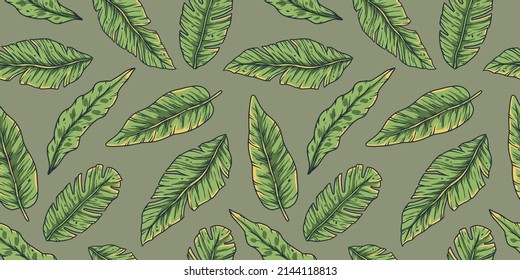 Tropical exotic green plants and leaves wallpaper. Seamless pattern with summer tropical foliage