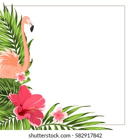 Tropical Exotic Greenery Corner Border Frame Template. Flamingo Bird, Hibiscus And Plumeria Flowers, Jungle Palm Tree Rain Forest Composition. Vector Design Illustration.