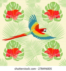 Tropical, exotic, Hawaiian floral seamless pattern with Ara Macao Parrot and with palm leaves, flowers . Vector.