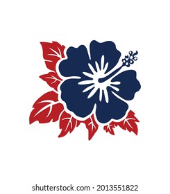 Tropical exotic hibiscus blue flower vector tattoo silhouette drawing illustration.Hawaiian floral stencil design element.Plotter laser cutting.Cut file.Red Leaves,Print,Vinyl wall sticker decal. DIY.