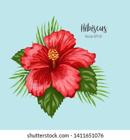 Tropical Exotic Hibiscus flower and Palm Leaves isolated on white background. Summer vector illustration.
