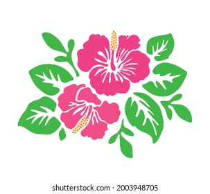 Tropical exotic hibiscus pink flowers vector tattoo silhouette drawing illustration.Hawaiian floral stencil design element.Plotter laser cutting.Vinyl wall sticker decal.Cut file.Print.Green leaves.