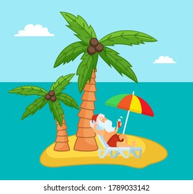 Tropical exotic island with relaxing Santa Claus drinking delicious cocktail, enjoy of rest, sand shore or beach with palm trees, sea or ocean, leisure time, holidays, season for swimming, summertime