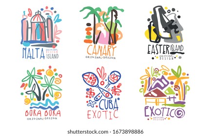 Tropical Exotic Islands Logo Design, Malta, Canary, Easter, Bora Bora, Cuba, Vector Illustration