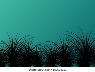 Tropical exotic jungle grass and plants detailed silhouettes landscape illustration background vector