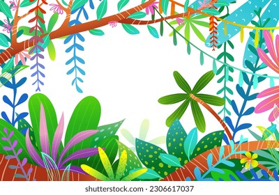 Tropical exotic jungle wallpaper for kids design. Vibrant illustration of African rainforest nature, intricate background for children. Vector tropical background cartoon.