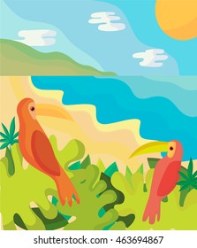 Tropical exotic landscape with birds Toucan. Wild Life in the Jungle.Ocean of paradise beach. Beautiful vector  background.