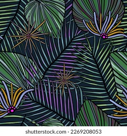 Tropical exotic leaves and flower vector seamless pattern. Jungle foliage illustration. Botanical illustration on dark background.