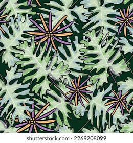 Tropical exotic leaves and flower vector seamless pattern. Jungle foliage illustration. Botanical illustration on dark background.