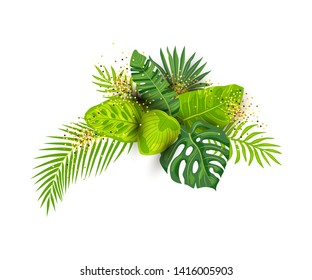 Tropical exotic leaves with golden confetti vector illustration isolated on white background. Design element with shadow for poster, web, flyers, invitation, postcard, t-shirt design.