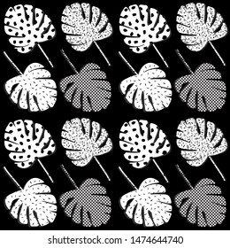 Tropical exotic leaves monochrome in Memphis style - vector illustration. Seamless pattern with different textures.