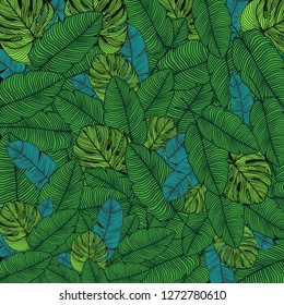 Tropical exotic leaves pattern. Monstera, banana. Jungle background. Vector summer illustration