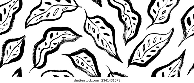 Tropical exotic leaves seamless pattern. Hand drawn vector botanical background with maranta and calathea leaves. Brush drawn jungle plants, exotic wallpaper. Foliage organic texture.