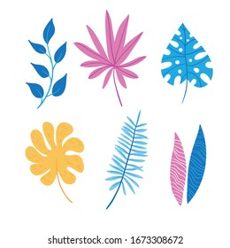 Tropical exotic leaves set. A set for creating patterns, trophic backgrounds, summer illustrations. Trending hand drawn style. Stock vector illustration isolated on white background