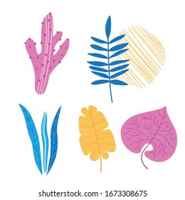 Tropical exotic leaves set. A set for creating patterns, trophic backgrounds, summer illustrations. Trending hand drawn style. Stock vector illustration isolated on white background