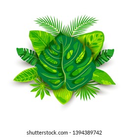 Tropical exotic leaves vector illustration isolated on white background. Design element with shadow for poster, web, flyers, invitation, postcard, t-shirt design.