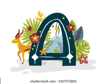 Tropical exotic letter A, antelope, flowers and leaves. Cute cartoon flat style font, concept illustration on white background. Vector