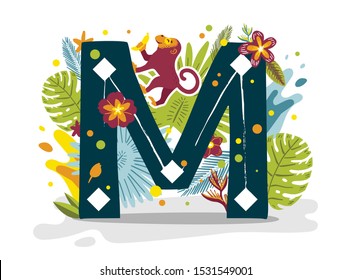 Tropical exotic letter M, animal monkey, flowers. Cute cartoon flat style font, concept illustration isolated on white background. Vector