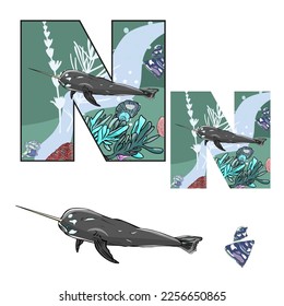 Tropical exotic letter N, animal narwhal, flowers and leaves. Cute cartoon flat style font, concept illustration alphabet on white background. Vector