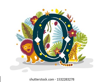 Tropical exotic letter Q, animals lion and cheetah, flowers. Cute cartoon flat style font, concept illustration isolated on white background. Vector