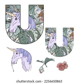 Tropical exotic letter U, animal unicorn, flowers and leaves. Cute cartoon flat style font, concept illustration alphabet on white background. Vector