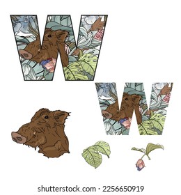 Tropical exotic letter W, animal wild boar, flowers and leaves. Cute cartoon flat style font, concept illustration alphabet on white background. Vector