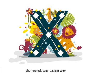 Tropical exotic letter X, animals lion and monkey and meerkat, flowers. Cute cartoon flat style font, concept illustration isolated on white background. Vector