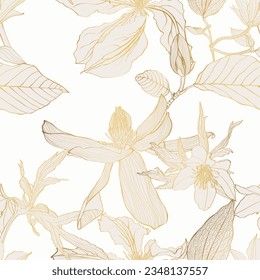 Tropical exotic line golden flowers seamless pattern, line background. Exotic jungle wallpaper.	